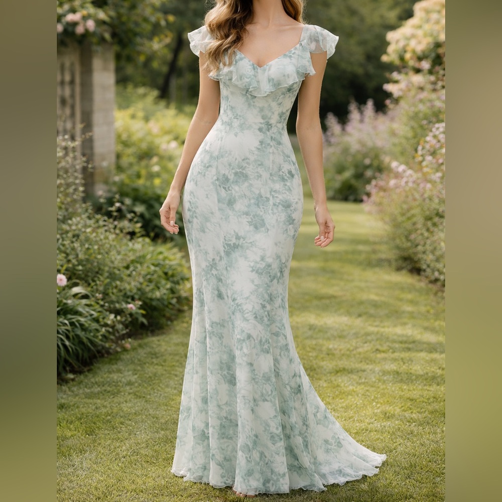 Jenny Yoo Inesse Bridesmaid Gown Size 2 Morning Mist Green Chiffon Maxi Dress
